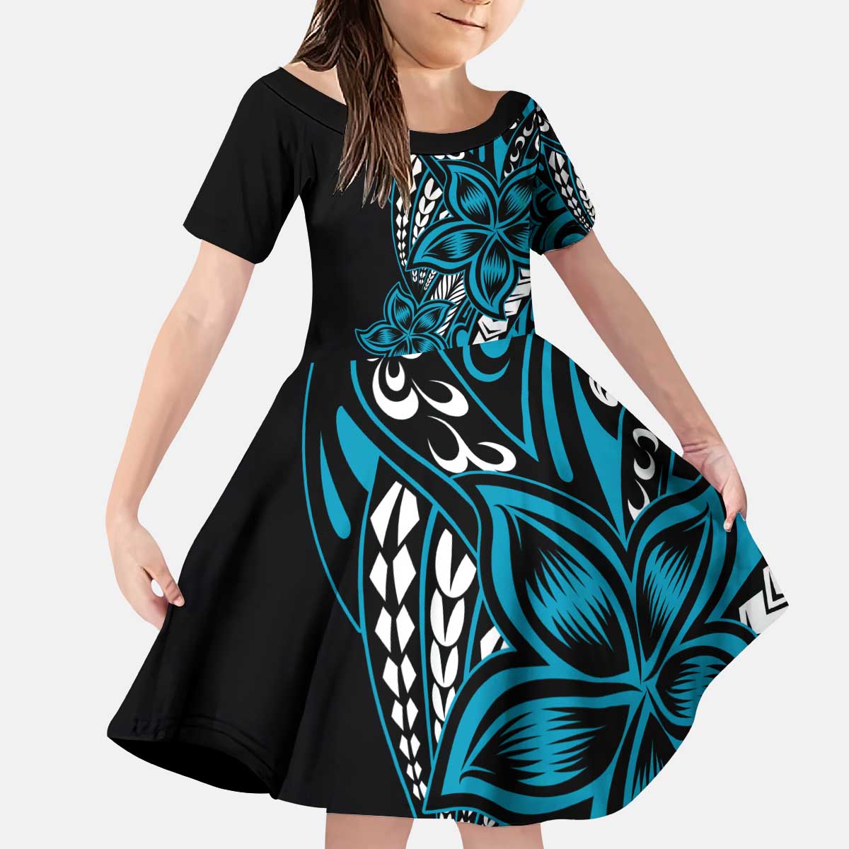 Polynesian Plumeria Floral Tattoo Pattern Family Matching Puletasi and Hawaiian Shirt Blue Style LT9 Daughter's Dress Blue - Polynesian Pride