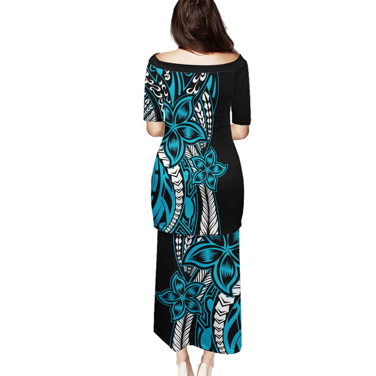 Polynesian Plumeria Floral Tattoo Pattern Family Matching Puletasi and Hawaiian Shirt Blue Style LT9 - Polynesian Pride