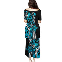 Polynesian Plumeria Floral Tattoo Pattern Family Matching Puletasi and Hawaiian Shirt Blue Style LT9 - Polynesian Pride