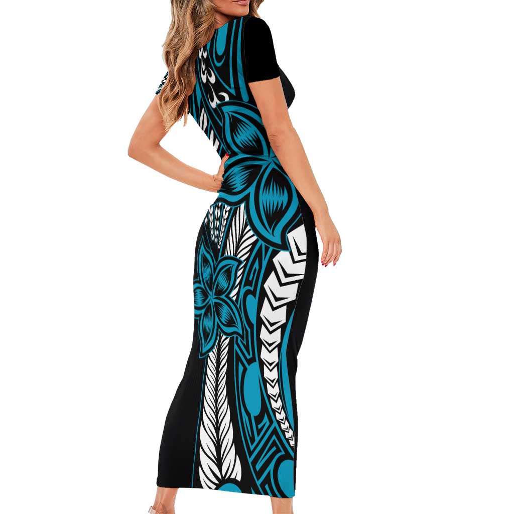 Polynesian Plumeria Floral Tattoo Pattern Family Matching Short Sleeve Bodycon Dress and Hawaiian Shirt Bllue Style