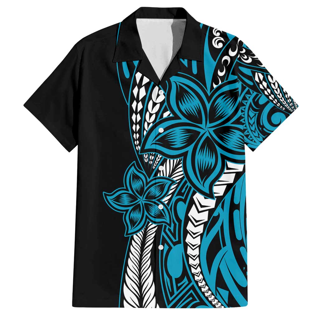 Polynesian Plumeria Floral Tattoo Pattern Family Matching Tank Maxi Dress and Hawaiian Shirt Blue Style LT9 Dad's Shirt - Short Sleeve Blue - Polynesian Pride