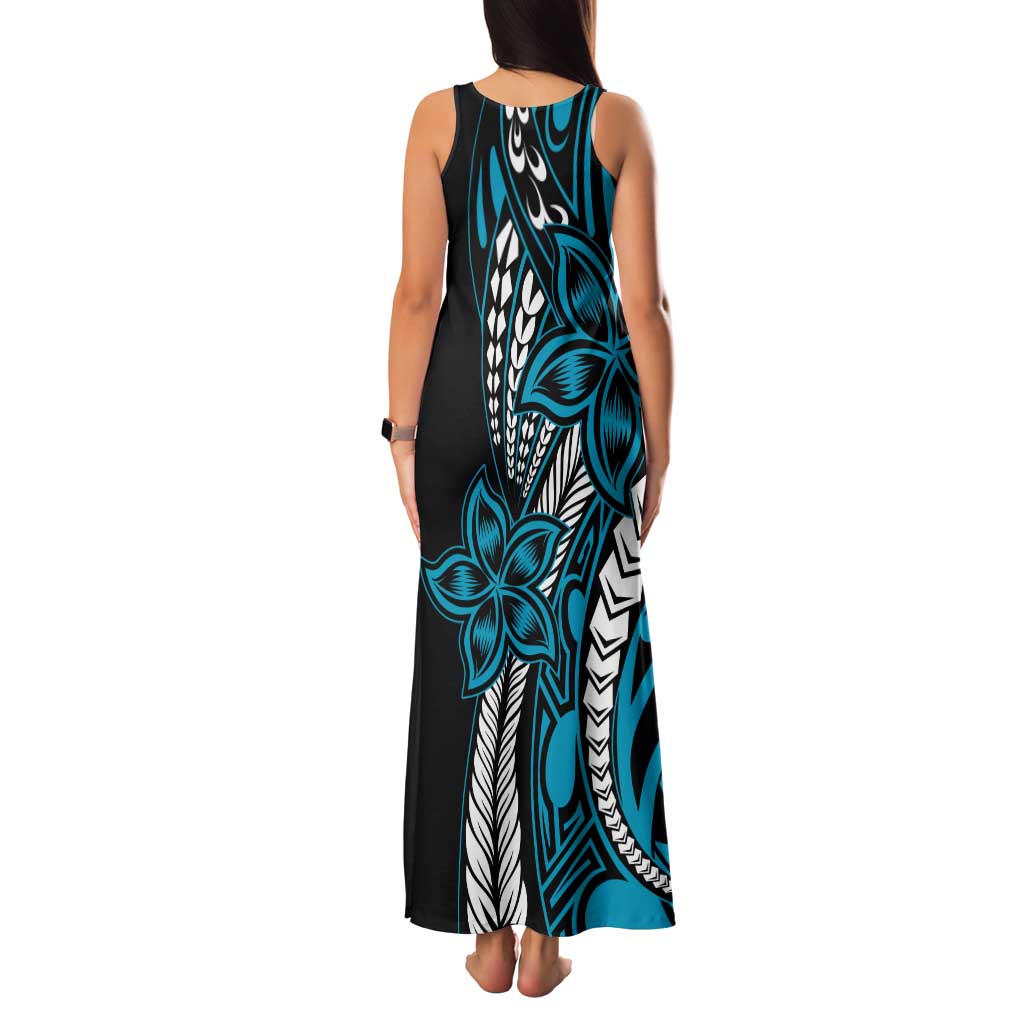 Polynesian Plumeria Floral Tattoo Pattern Family Matching Tank Maxi Dress and Hawaiian Shirt Blue Style LT9 - Polynesian Pride
