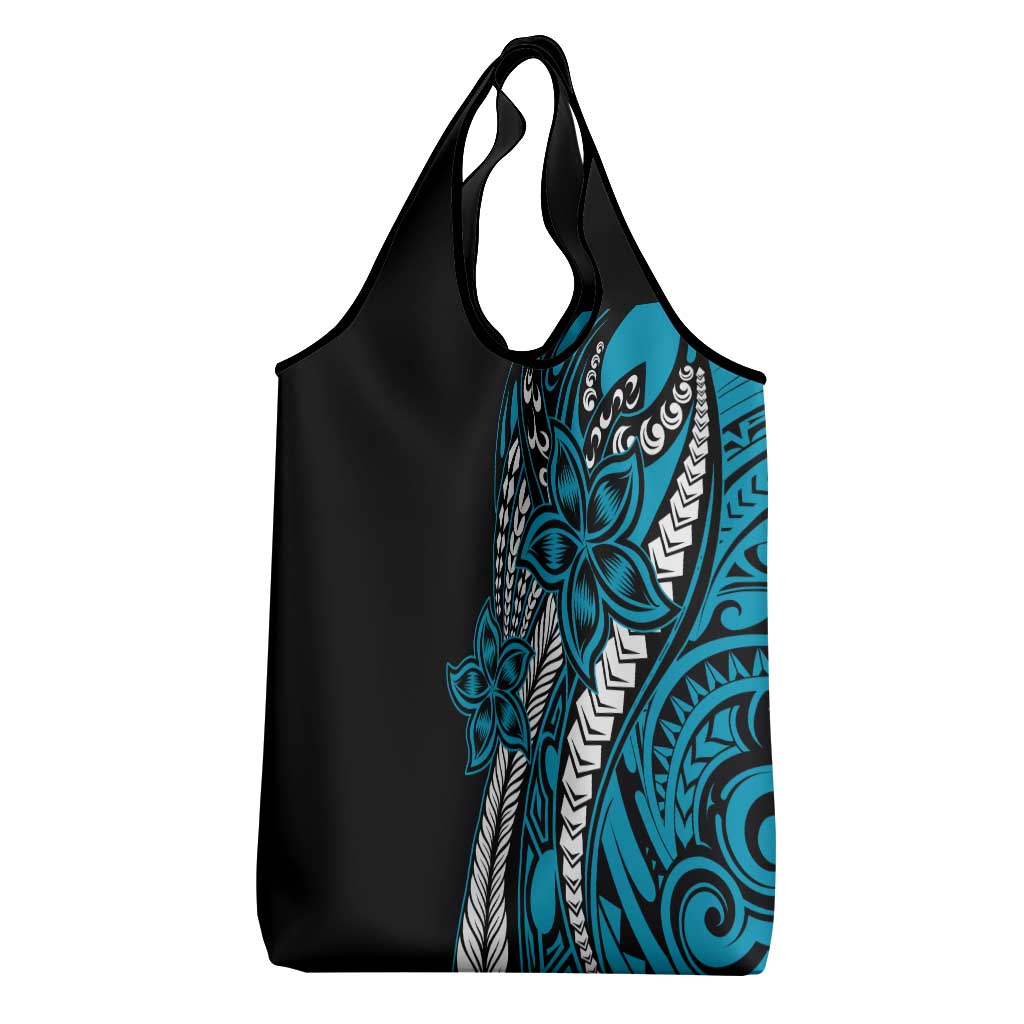 Polynesian Plumeria Floral Tattoo Pattern Grocery Bag Blue Style