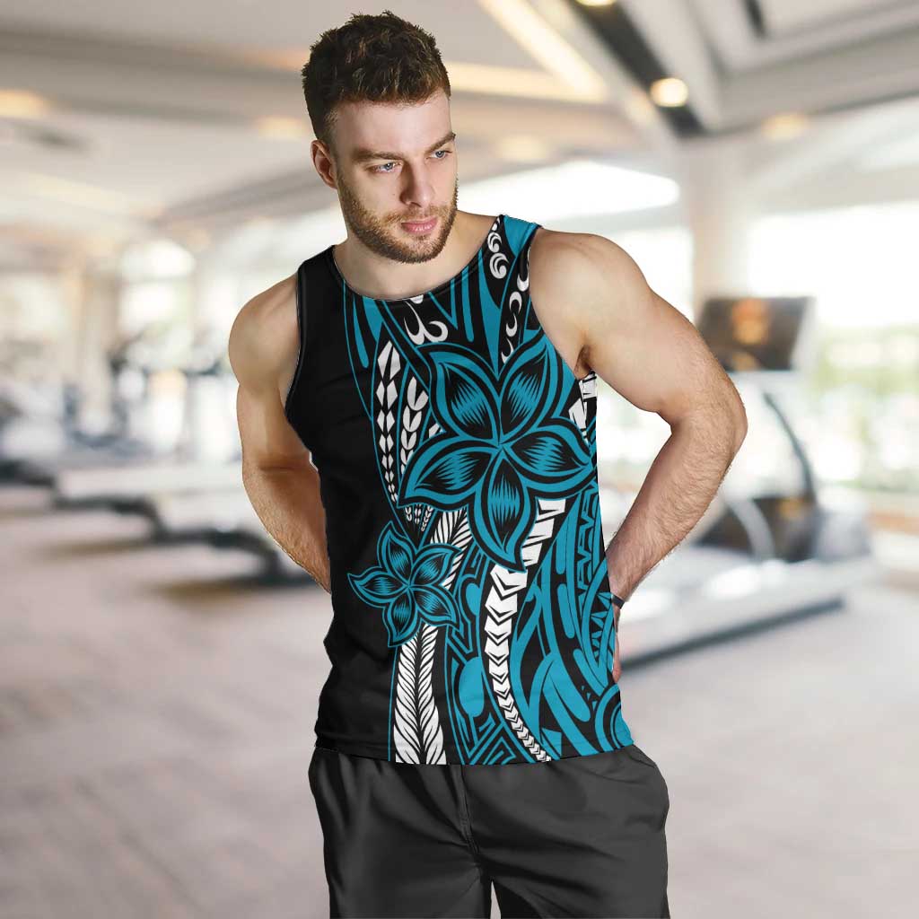 Polynesian Plumeria Floral Tattoo Pattern Men Tank Top Bllue Style