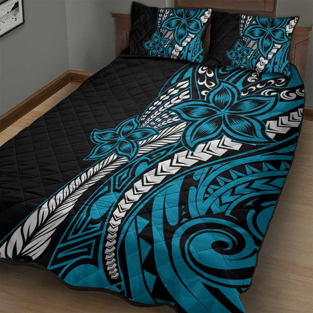 Polynesian Plumeria Floral Tattoo Pattern Quilt Bed Set Blue Style