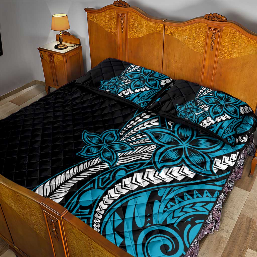 Polynesian Plumeria Floral Tattoo Pattern Quilt Bed Set Blue Style