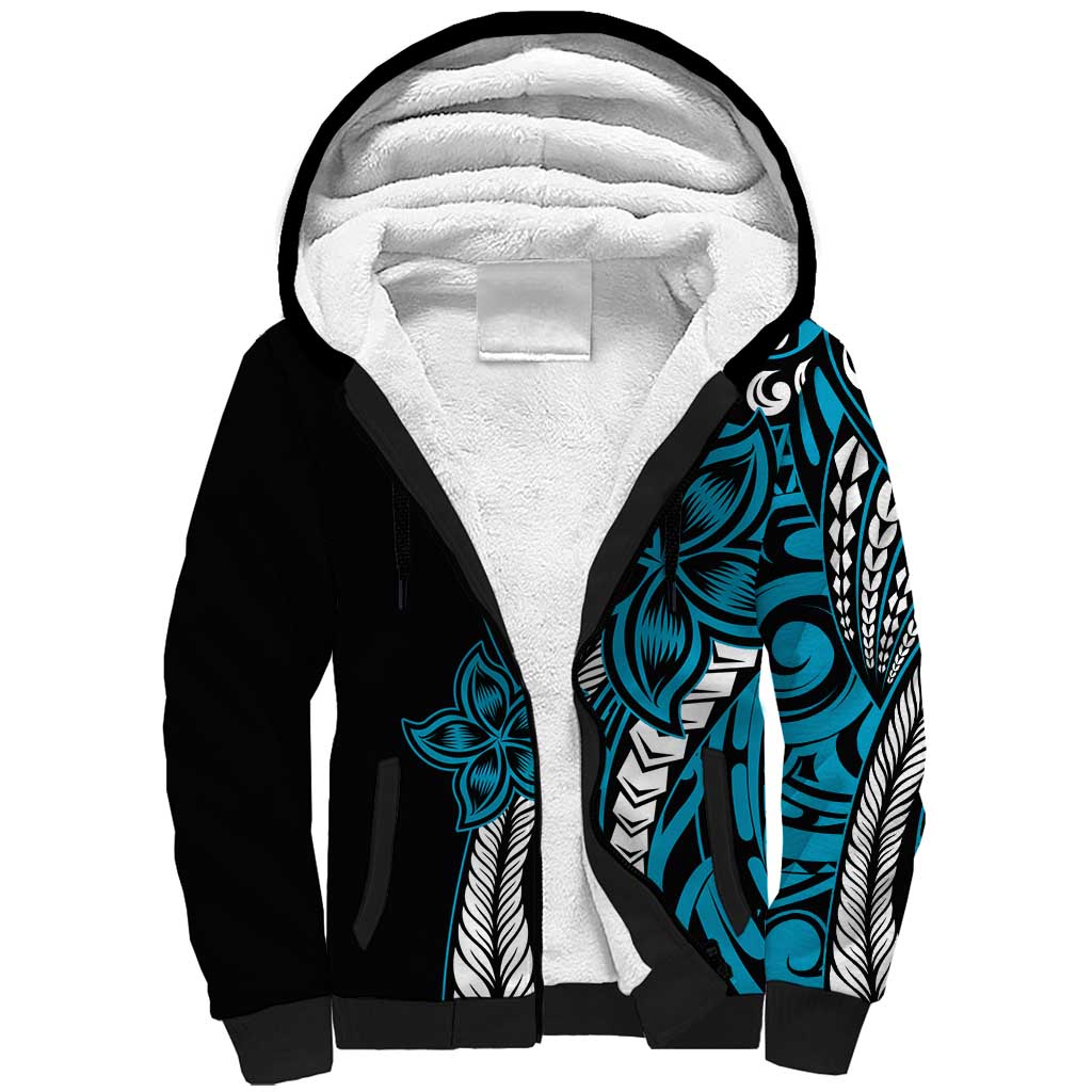 Polynesian Plumeria Floral Tattoo Pattern Sherpa Hoodie Bllue Style