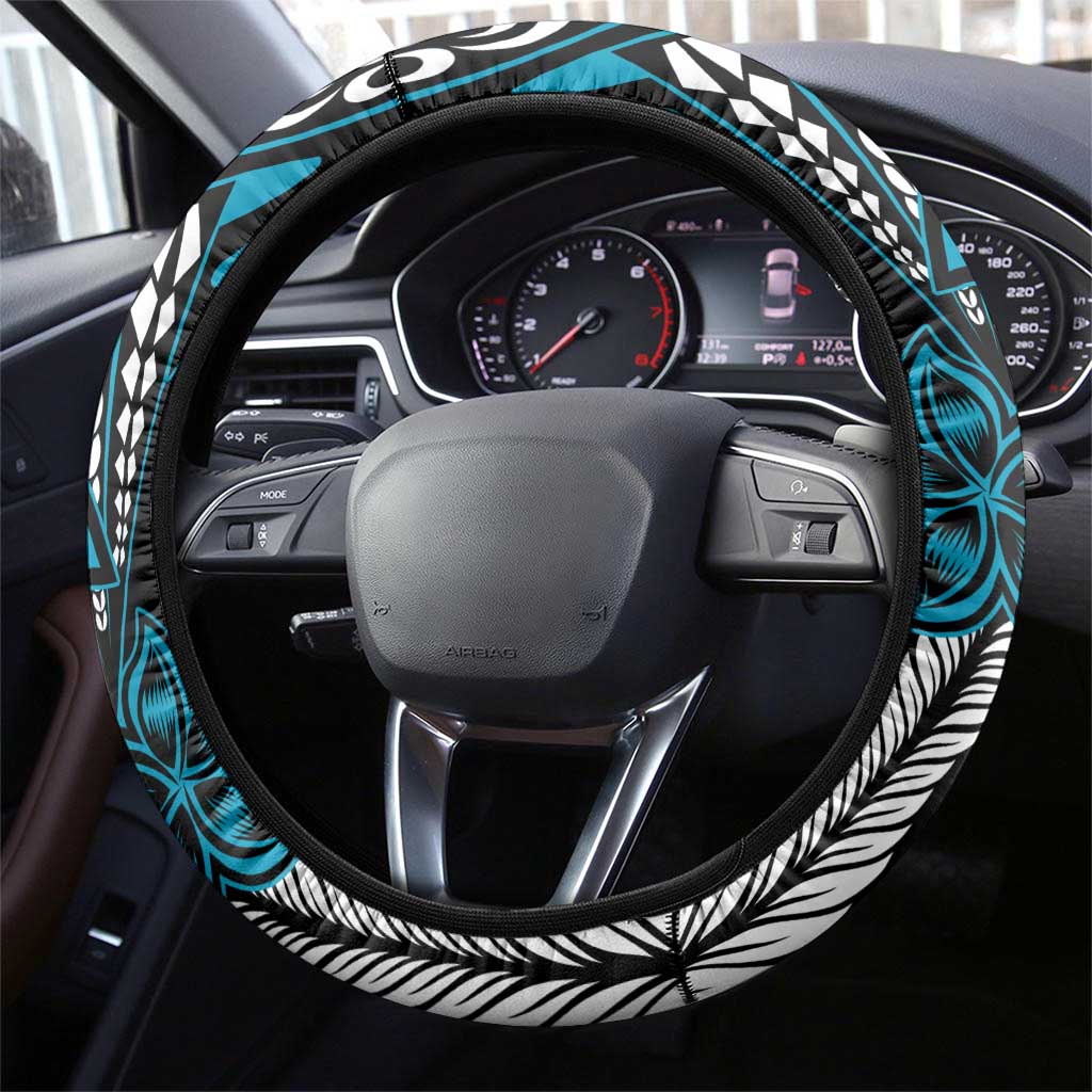 Polynesian Plumeria Floral Tattoo Pattern Steering Wheel Cover Blue Style