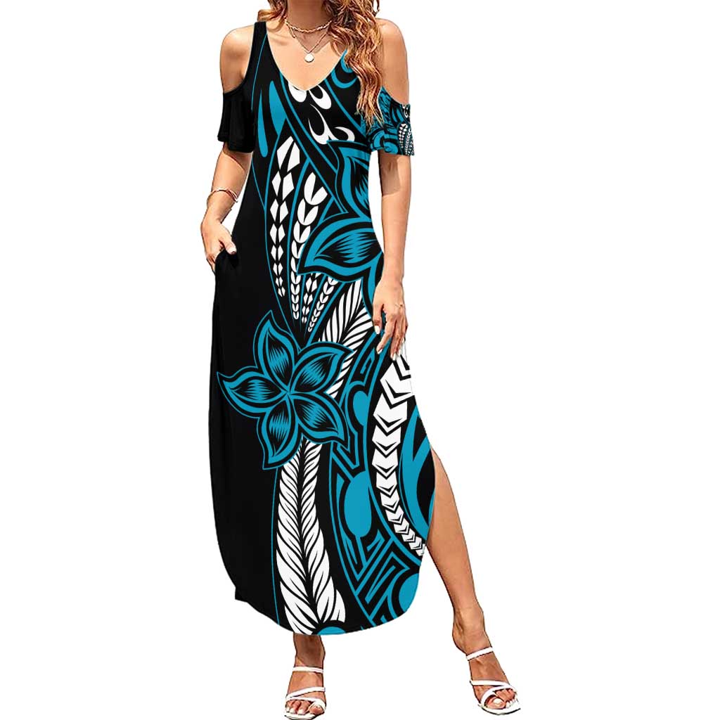 Polynesian Plumeria Floral Tattoo Pattern Summer Maxi Dress Bllue Style