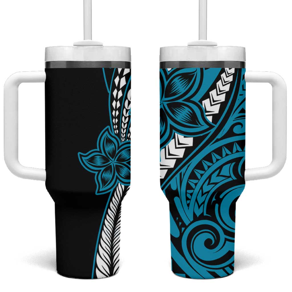 Polynesian Plumeria Floral Tattoo Pattern Tumbler With Handle Bllue Style