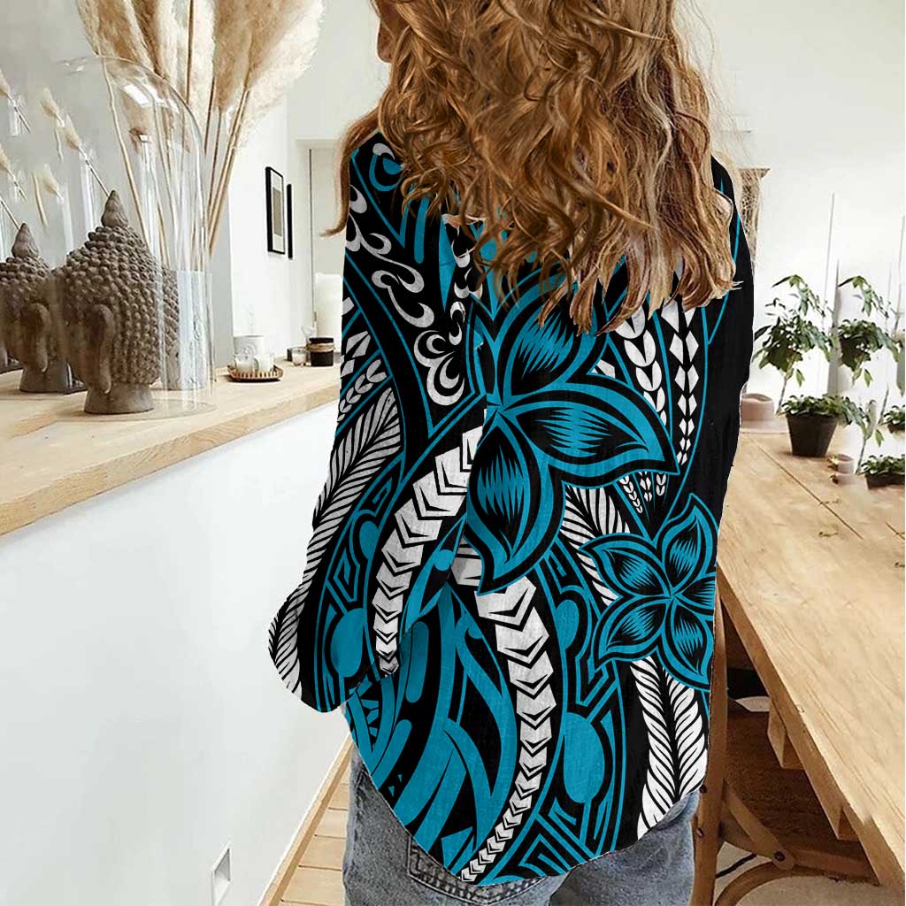 Polynesian Plumeria Floral Tattoo Pattern Women Casual Shirt Blue Style LT9 - Polynesian Pride