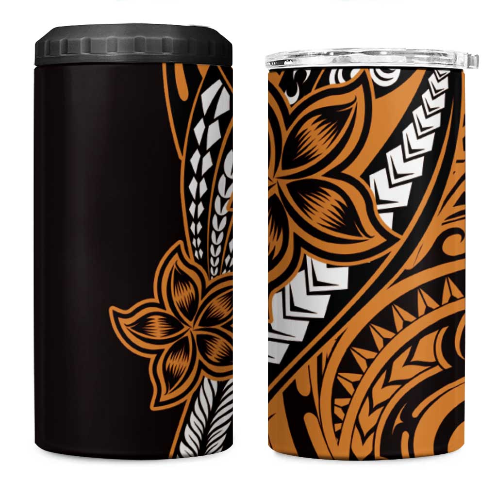 Polynesian Plumeria Floral Tattoo Pattern 4 in 1 Can Cooler Tumbler Gold Style