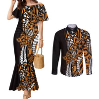 Polynesian Plumeria Floral Tattoo Pattern Couples Matching Mermaid Dress and Long Sleeve Button Shirt Gold Style LT9 Gold - Polynesian Pride