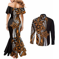 Polynesian Plumeria Floral Tattoo Pattern Couples Matching Mermaid Dress and Long Sleeve Button Shirt Gold Style LT9 - Polynesian Pride
