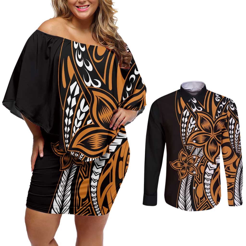 Polynesian Plumeria Floral Tattoo Pattern Couples Matching Off Shoulder Short Dress and Long Sleeve Button Shirt Gold Style