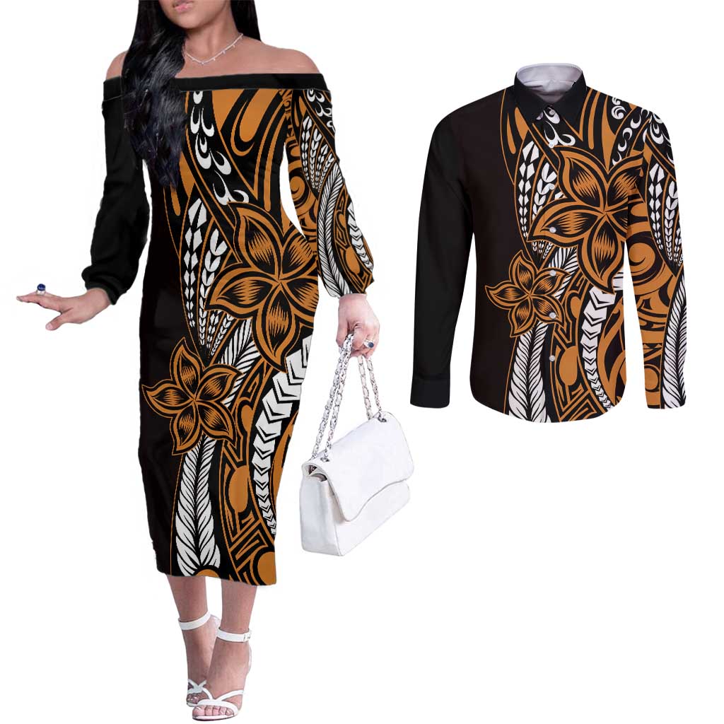 Polynesian Plumeria Floral Tattoo Pattern Couples Matching Off The Shoulder Long Sleeve Dress and Long Sleeve Button Shirt Gold Style LT9 Gold - Polynesian Pride