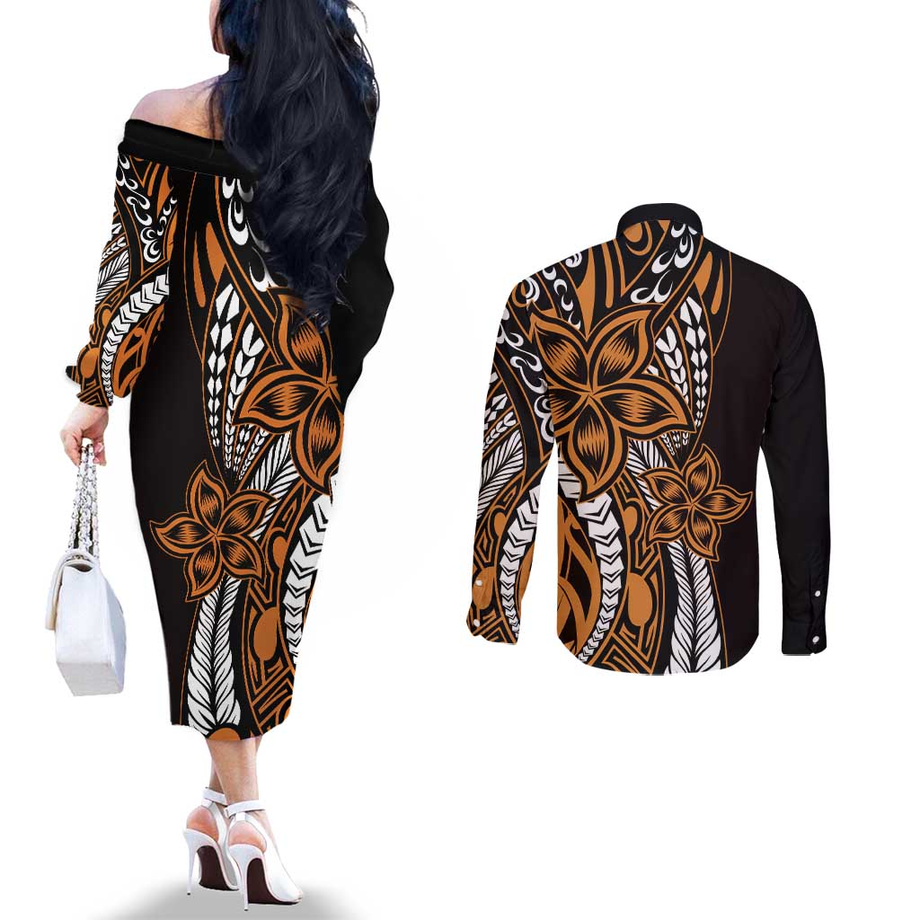 Polynesian Plumeria Floral Tattoo Pattern Couples Matching Off The Shoulder Long Sleeve Dress and Long Sleeve Button Shirt Gold Style LT9 - Polynesian Pride