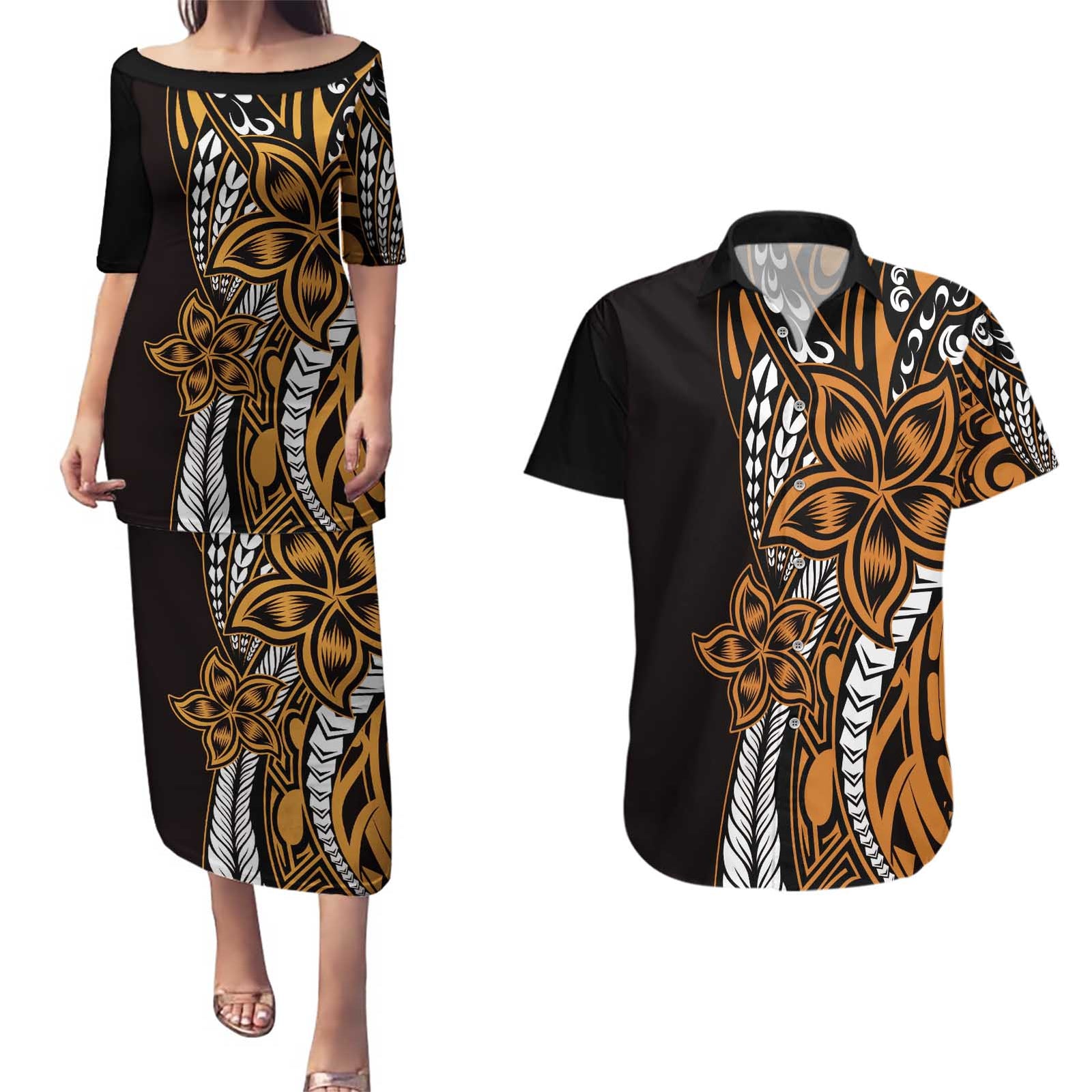 Polynesian Plumeria Floral Tattoo Pattern Couples Matching Puletasi and Hawaiian Shirt Gold Style