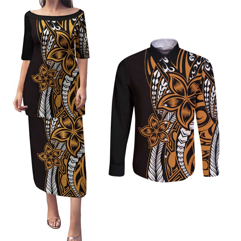 Polynesian Plumeria Floral Tattoo Pattern Couples Matching Puletasi and Long Sleeve Button Shirt Gold Style