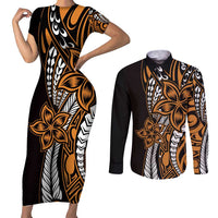 Polynesian Plumeria Floral Tattoo Pattern Couples Matching Short Sleeve Bodycon Dress and Long Sleeve Button Shirt Gold Style LT9 Gold - Polynesian Pride