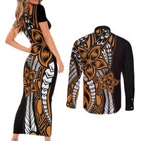 Polynesian Plumeria Floral Tattoo Pattern Couples Matching Short Sleeve Bodycon Dress and Long Sleeve Button Shirt Gold Style LT9 - Polynesian Pride