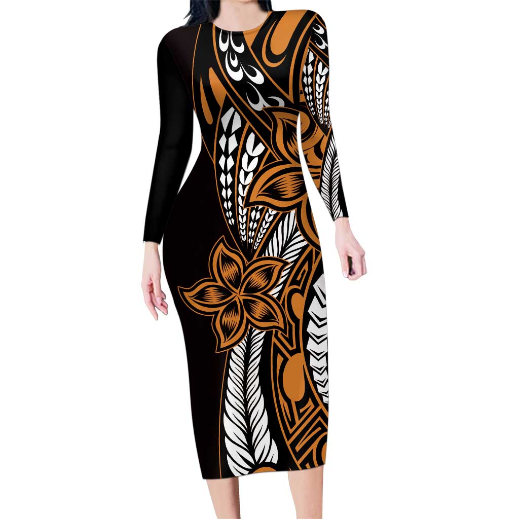 Polynesian Plumeria Floral Tattoo Pattern Family Matching Long Sleeve Bodycon Dress and Hawaiian Shirt Gold Style
