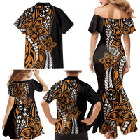 Polynesian Plumeria Floral Tattoo Pattern Family Matching Mermaid Dress and Hawaiian Shirt Gold Style