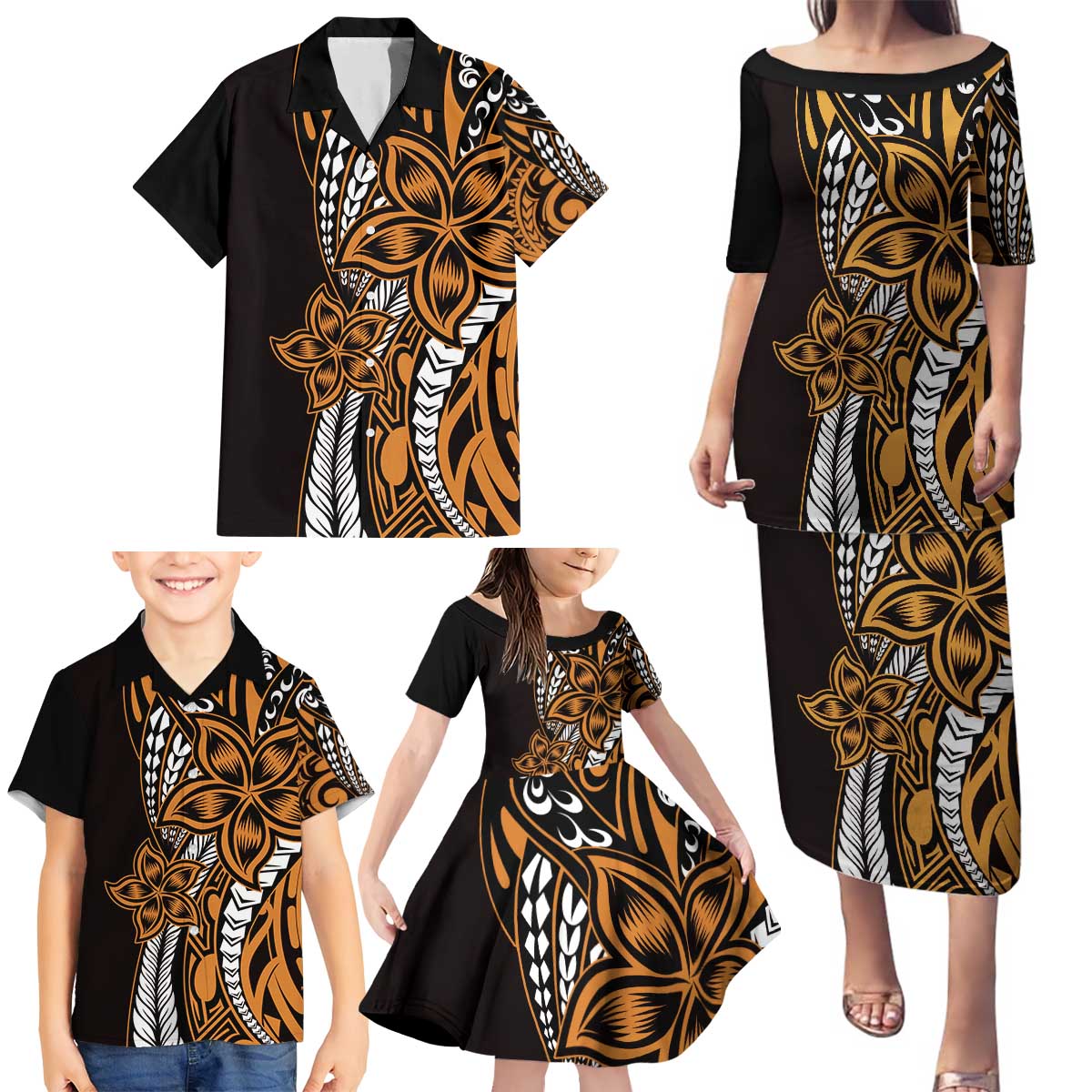 Polynesian Plumeria Floral Tattoo Pattern Family Matching Puletasi and Hawaiian Shirt Gold Style LT9 - Polynesian Pride