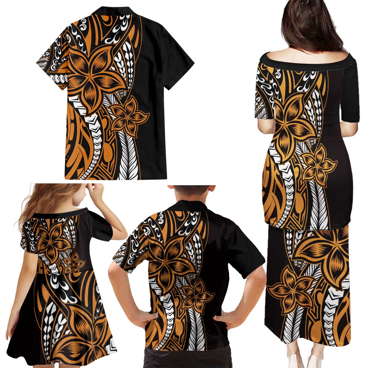 Polynesian Plumeria Floral Tattoo Pattern Family Matching Puletasi and Hawaiian Shirt Gold Style LT9 - Polynesian Pride
