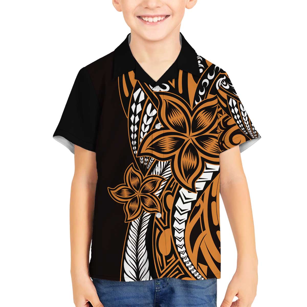 Polynesian Plumeria Floral Tattoo Pattern Family Matching Puletasi and Hawaiian Shirt Gold Style LT9 Son's Shirt Gold - Polynesian Pride