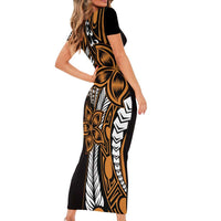 Polynesian Plumeria Floral Tattoo Pattern Family Matching Short Sleeve Bodycon Dress and Hawaiian Shirt Gold Style