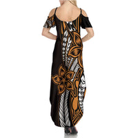 Polynesian Plumeria Floral Tattoo Pattern Family Matching Summer Maxi Dress and Hawaiian Shirt Gold Style