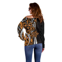 Polynesian Plumeria Floral Tattoo Pattern Off Shoulder Sweater Gold Style