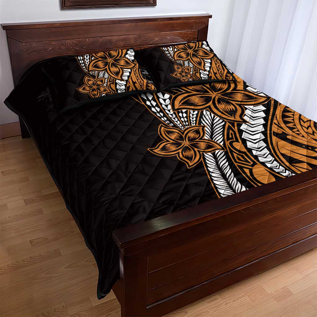 Polynesian Plumeria Floral Tattoo Pattern Quilt Bed Set Gold Style