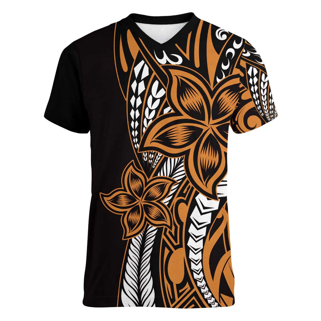 Polynesian Plumeria Floral Tattoo Pattern Women V-Neck T-Shirt Gold Style LT9 Female Gold - Polynesian Pride