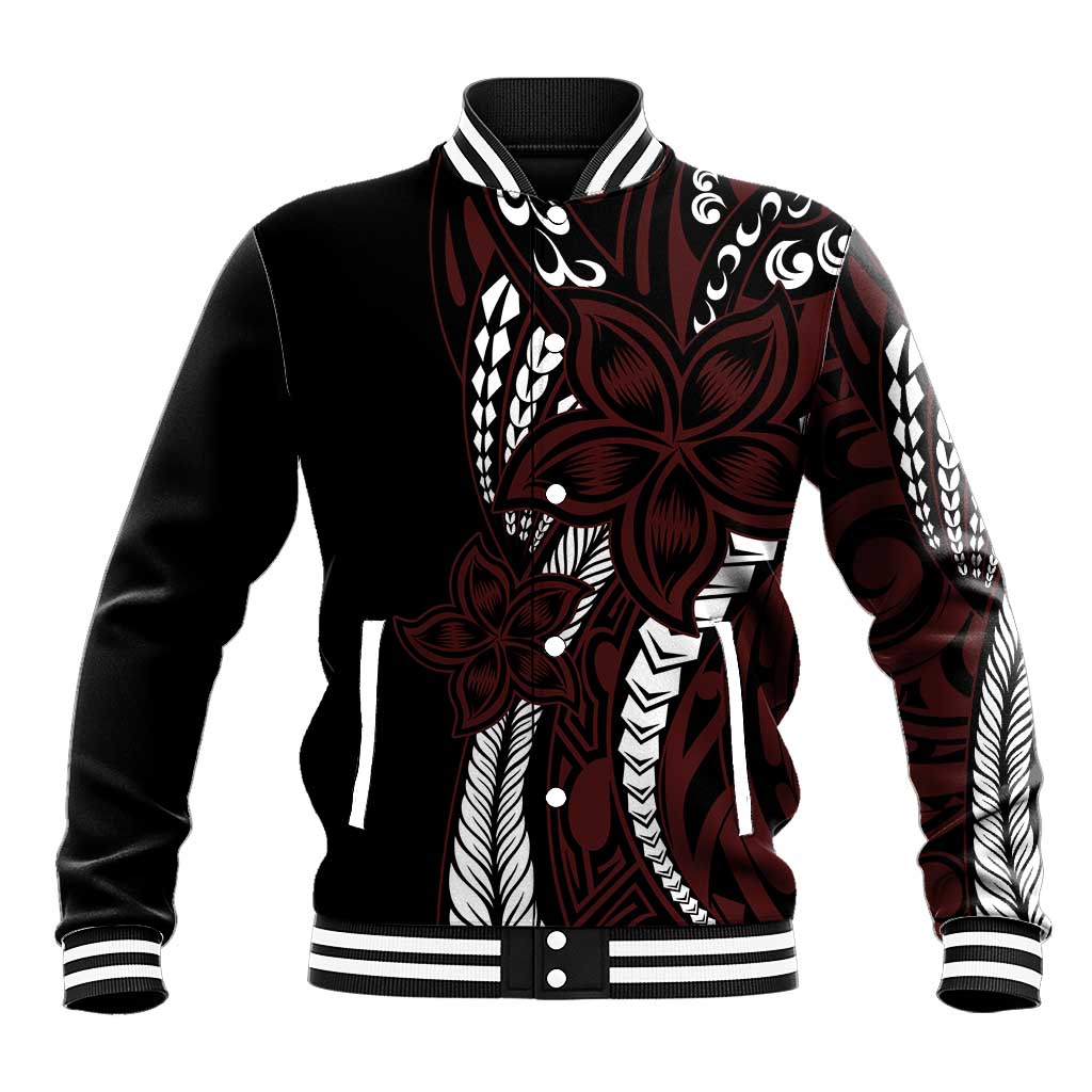 Polynesian Plumeria Floral Tattoo Pattern Baseball Jacket Oxblood Style