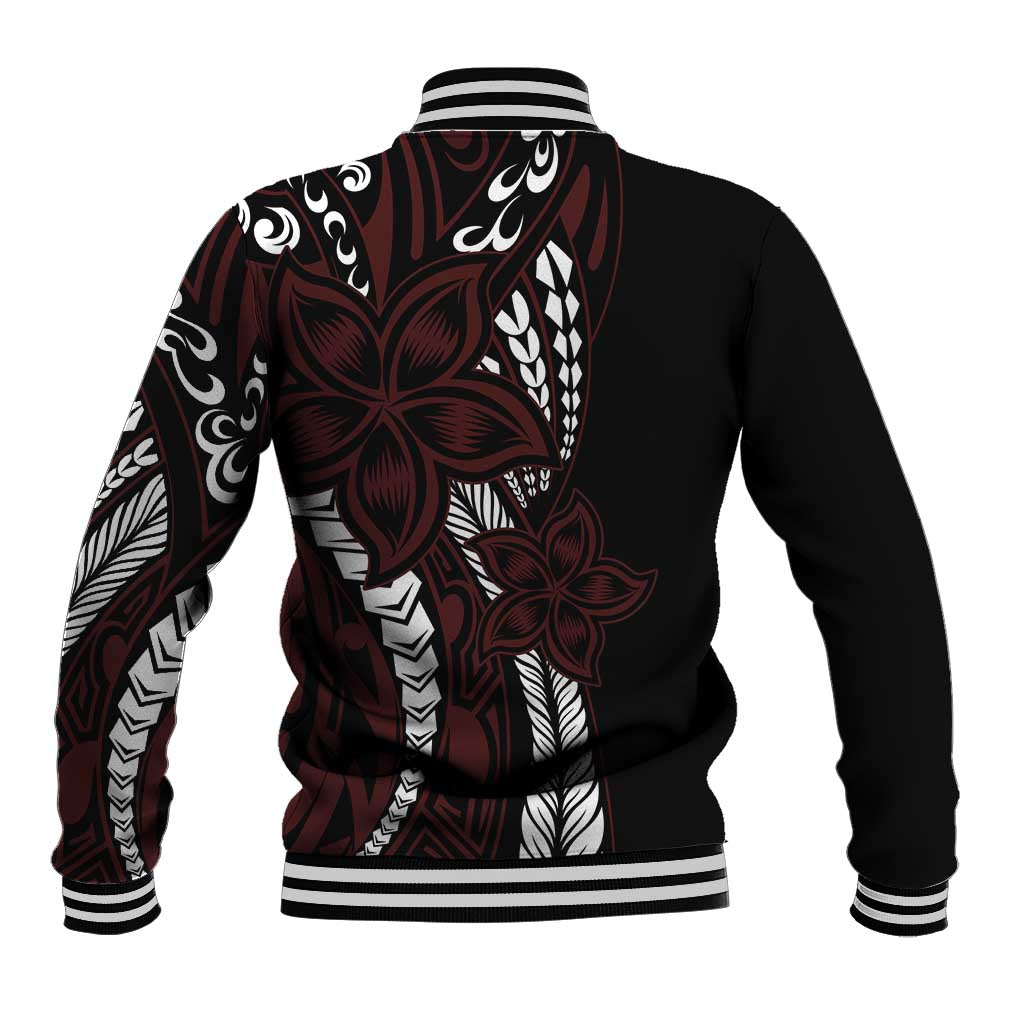 Polynesian Plumeria Floral Tattoo Pattern Baseball Jacket Oxblood Style