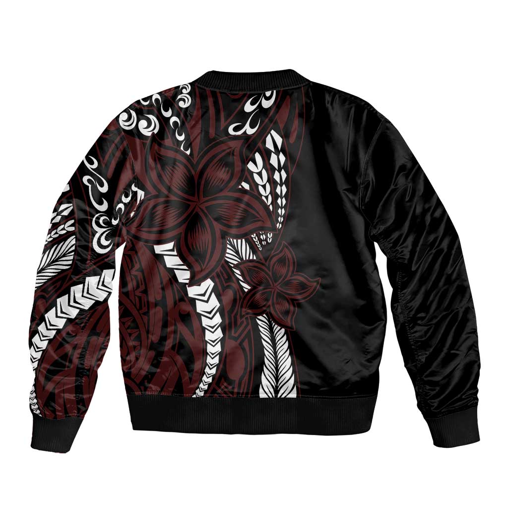 Polynesian Plumeria Floral Tattoo Pattern Bomber Jacket Oxblood Style