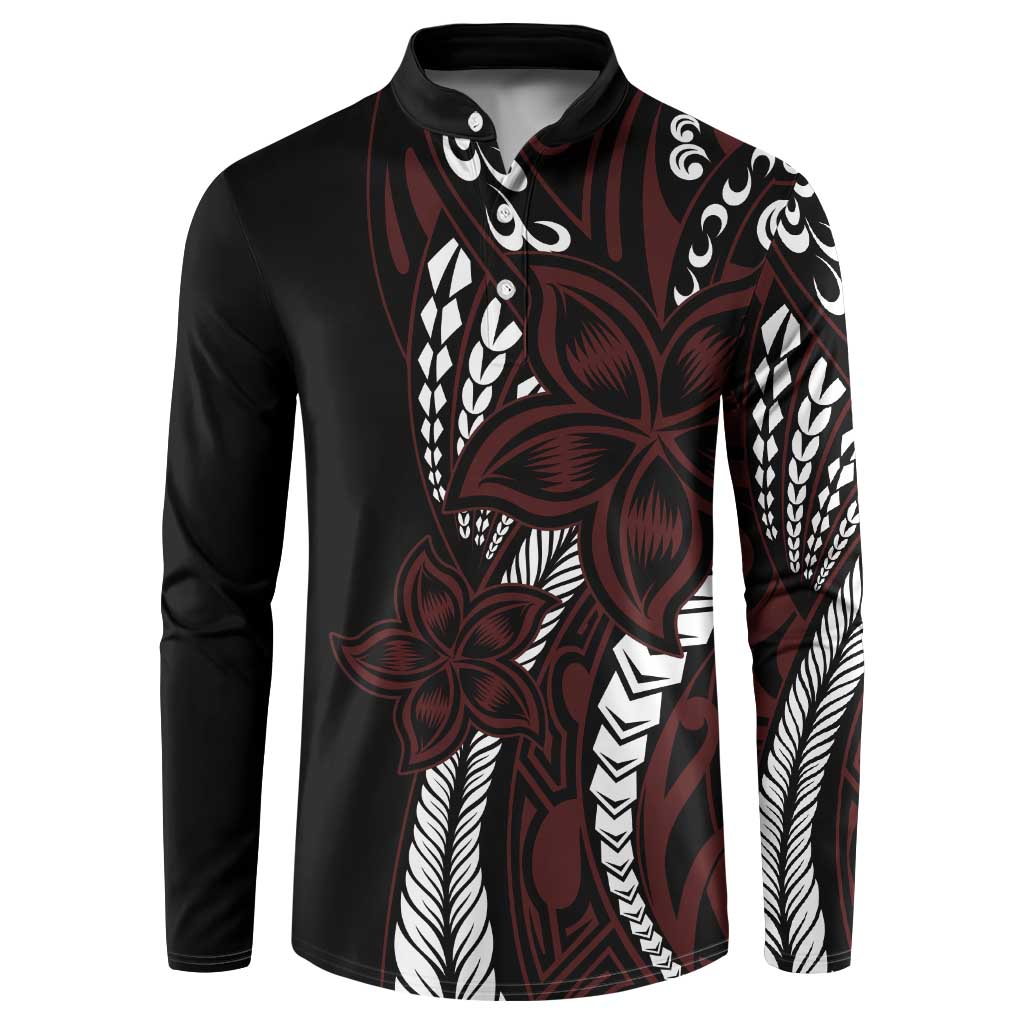 Polynesian Plumeria Floral Tattoo Pattern Button Sweatshirt Oxblood Style