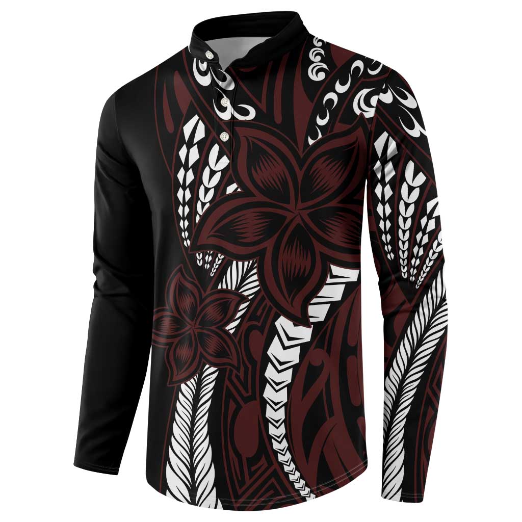 Polynesian Plumeria Floral Tattoo Pattern Button Sweatshirt Oxblood Style