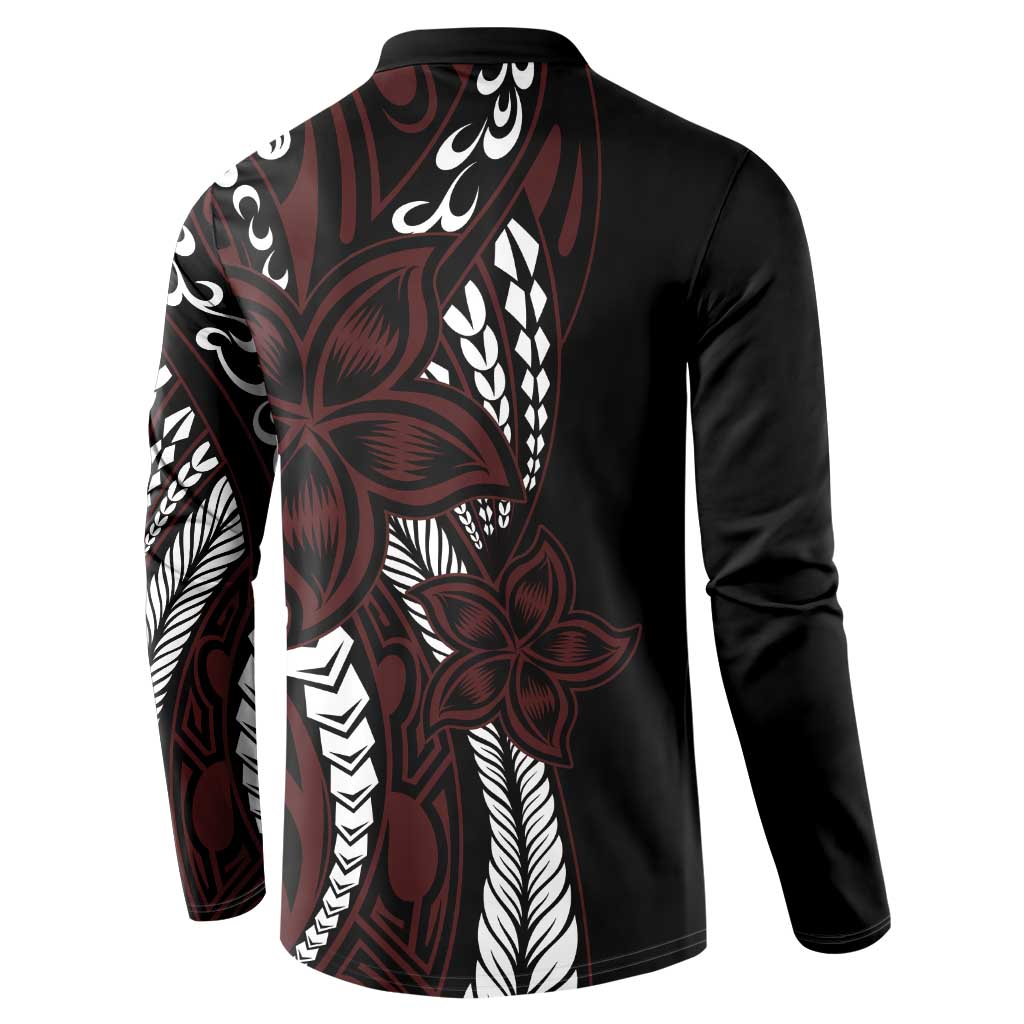 Polynesian Plumeria Floral Tattoo Pattern Button Sweatshirt Oxblood Style
