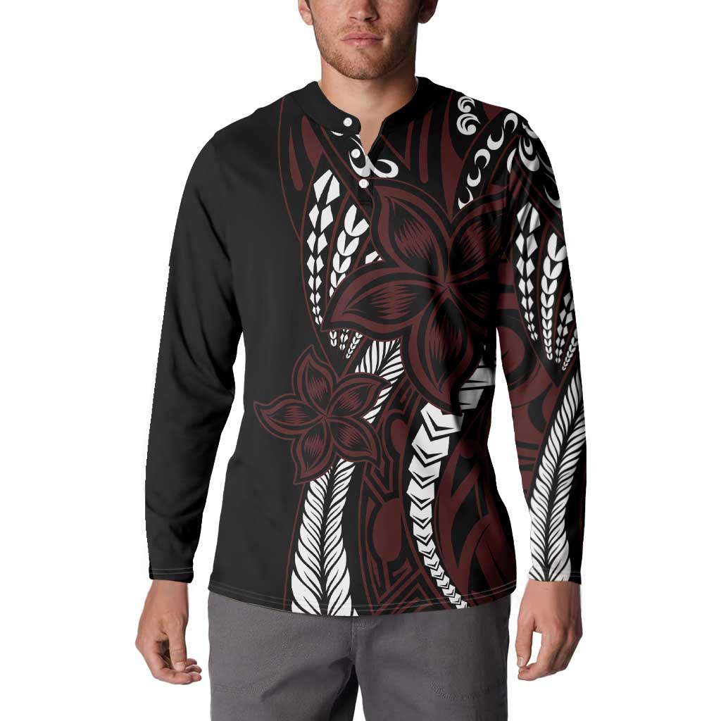 Polynesian Plumeria Floral Tattoo Pattern Button Sweatshirt Oxblood Style