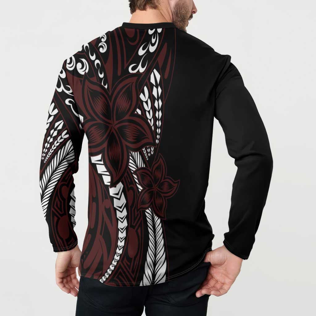 Polynesian Plumeria Floral Tattoo Pattern Button Sweatshirt Oxblood Style