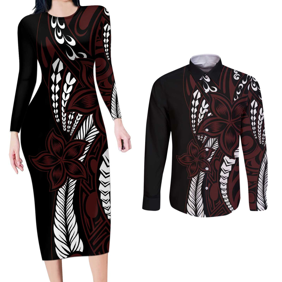 Polynesian Plumeria Floral Tattoo Pattern Couples Matching Long Sleeve Bodycon Dress and Long Sleeve Button Shirt Oxblood Style LT9 Oxblood - Polynesian Pride