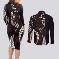 Polynesian Plumeria Floral Tattoo Pattern Couples Matching Long Sleeve Bodycon Dress and Long Sleeve Button Shirt Oxblood Style LT9 - Polynesian Pride