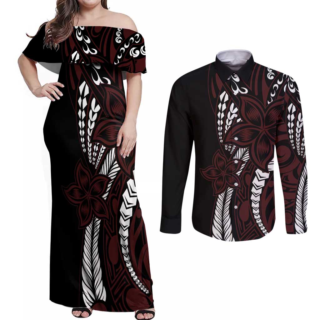 Polynesian Plumeria Floral Tattoo Pattern Couples Matching Off Shoulder Maxi Dress and Long Sleeve Button Shirt Oxblood Style LT9 Oxblood - Polynesian Pride