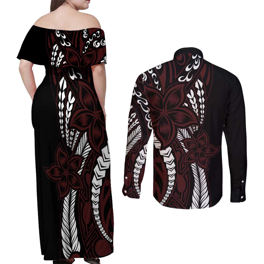 Polynesian Plumeria Floral Tattoo Pattern Couples Matching Off Shoulder Maxi Dress and Long Sleeve Button Shirt Oxblood Style LT9 - Polynesian Pride