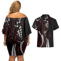 Polynesian Plumeria Floral Tattoo Pattern Couples Matching Off Shoulder Short Dress and Hawaiian Shirt Oxblood Style LT9 - Polynesian Pride