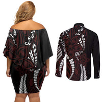 Polynesian Plumeria Floral Tattoo Pattern Couples Matching Off Shoulder Short Dress and Long Sleeve Button Shirt Oxblood Style LT9 - Polynesian Pride