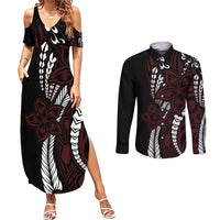 Polynesian Plumeria Floral Tattoo Pattern Couples Matching Summer Maxi Dress and Long Sleeve Button Shirt Oxblood Style LT9 Oxblood - Polynesian Pride